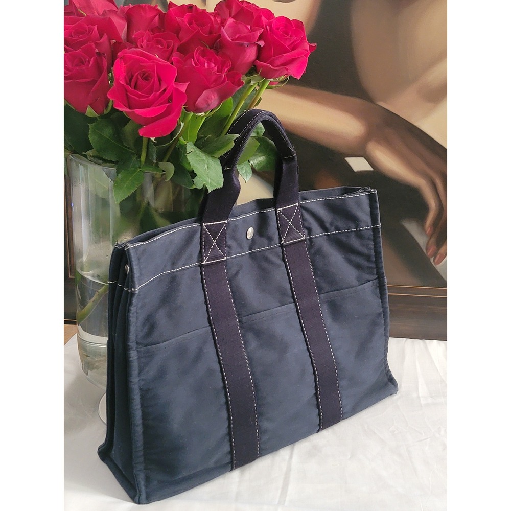 Hermes Fourre Tout PM Navy Blue Canvas Tote Bag Silver Hardware Handbag